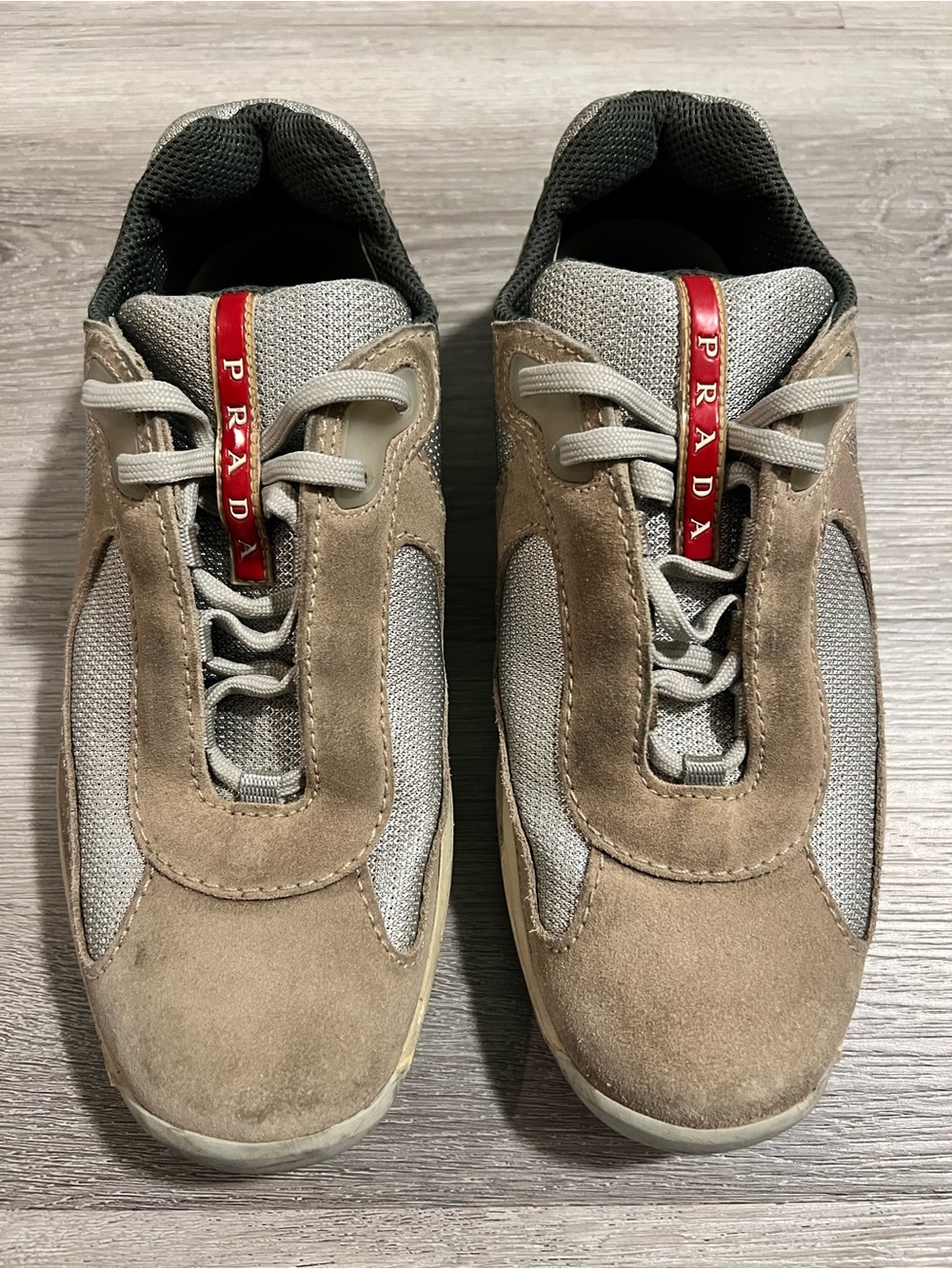 Prada Men’s Beige Suede and Gray Mesh Sneakers with Red Logo Tape